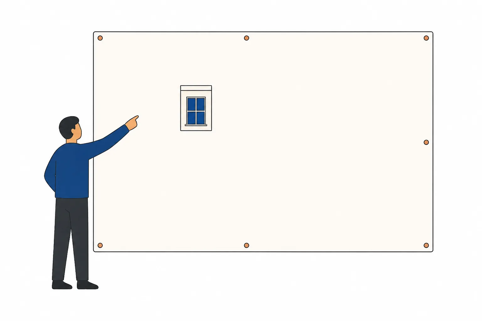 A building plan mostly covered by a sheet with one window left exposed, a figure pointing at it