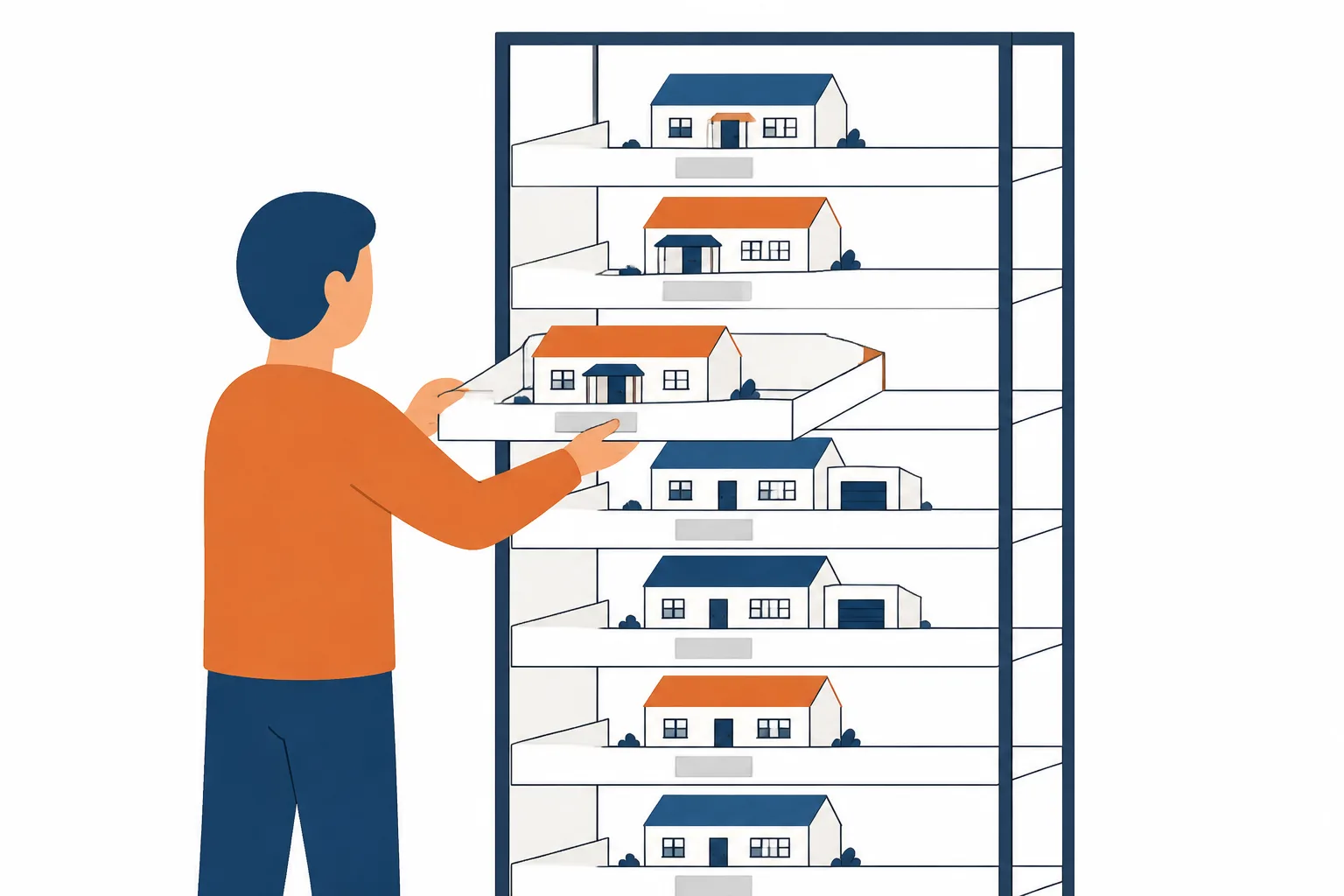 A rack of trays each holding a slightly different model of the same house, one being lifted out