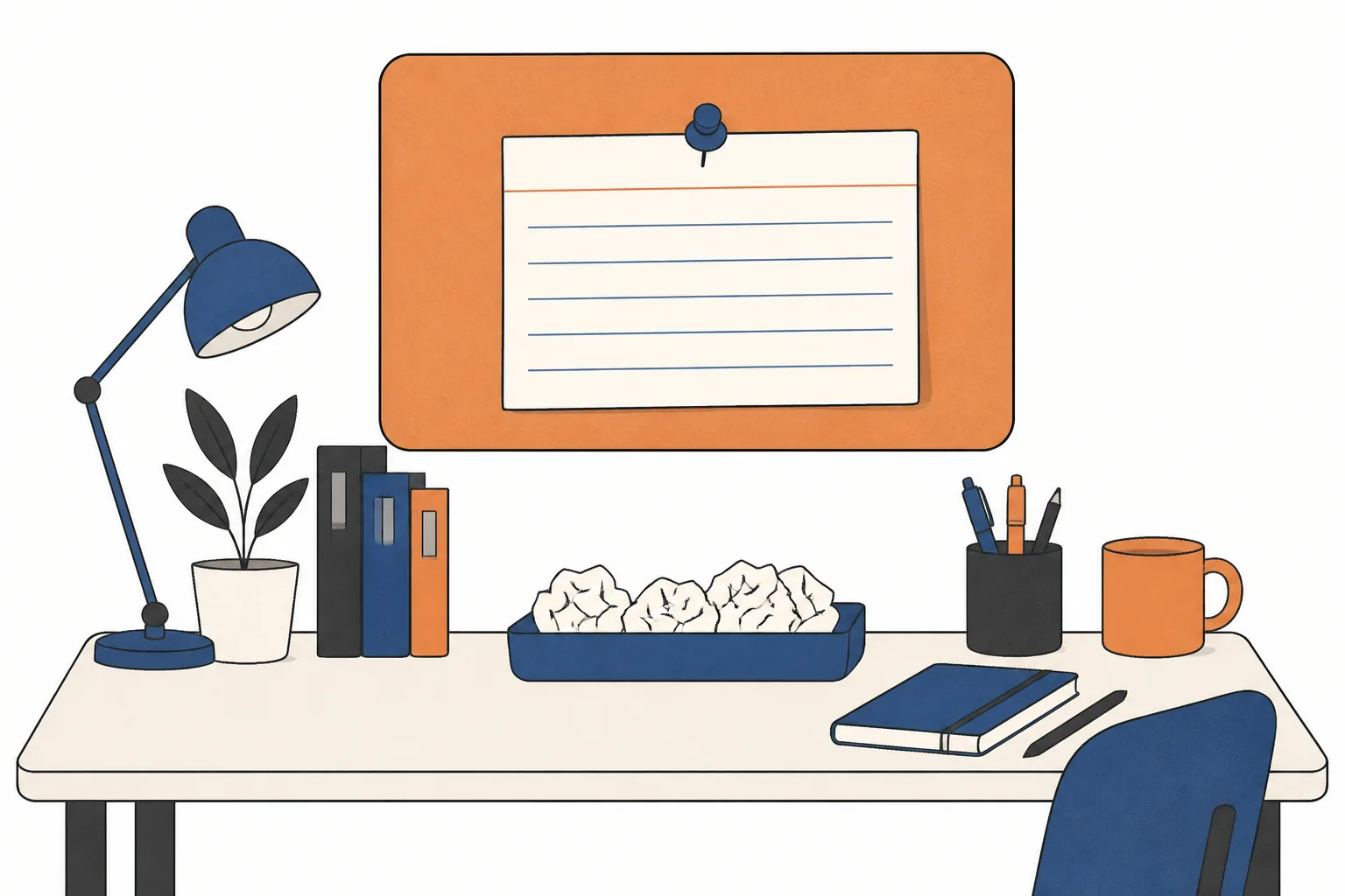 A single card pinned above a desk with blank ruled lines, crumpled rejected notes below