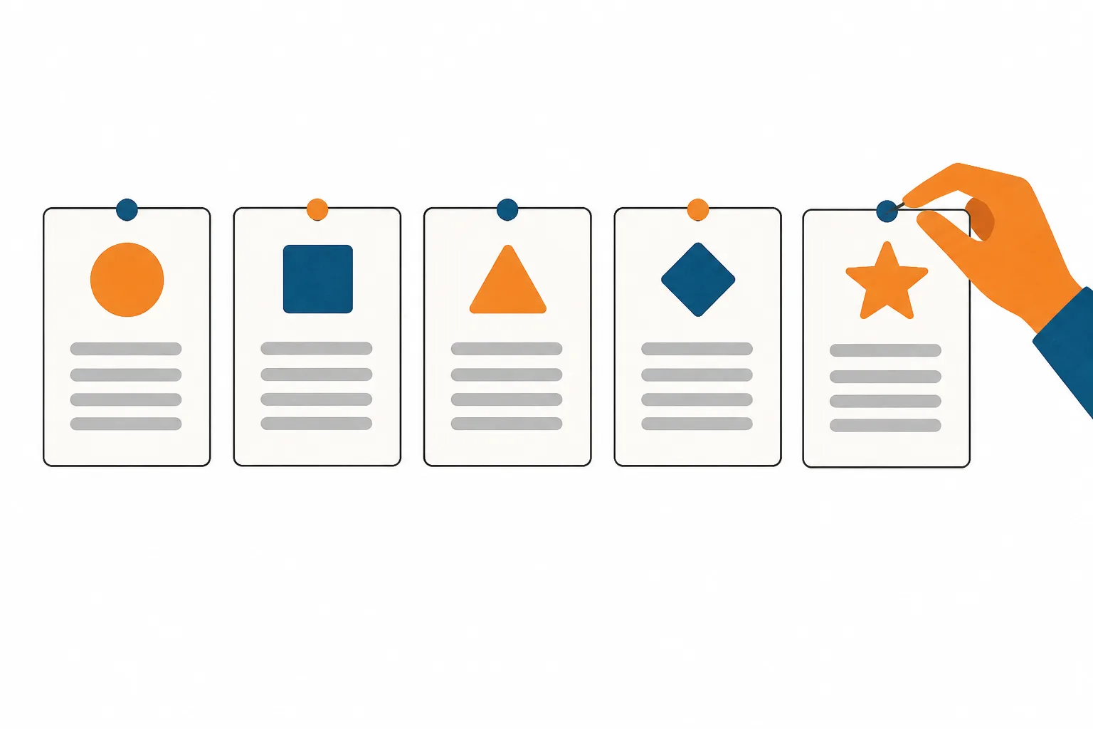 Five paper pages pinned in a row on a wall, each with blank grey bars and a small shape