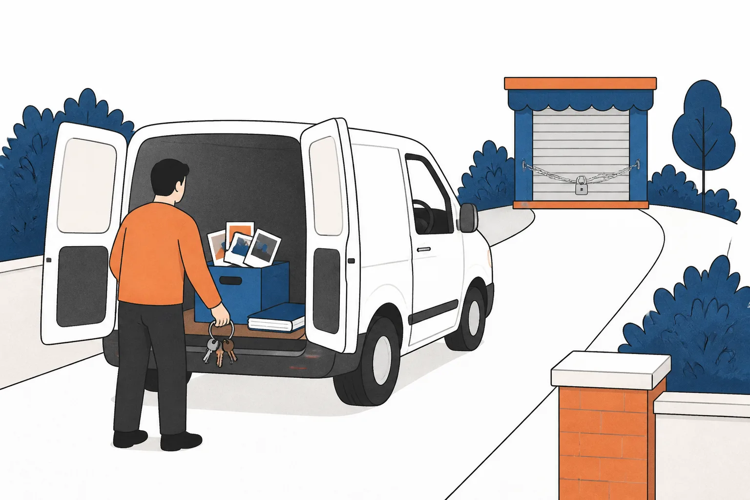 Someone loading keys, loose photographs and a notebook of blank rows into a van, past a shuttered kiosk