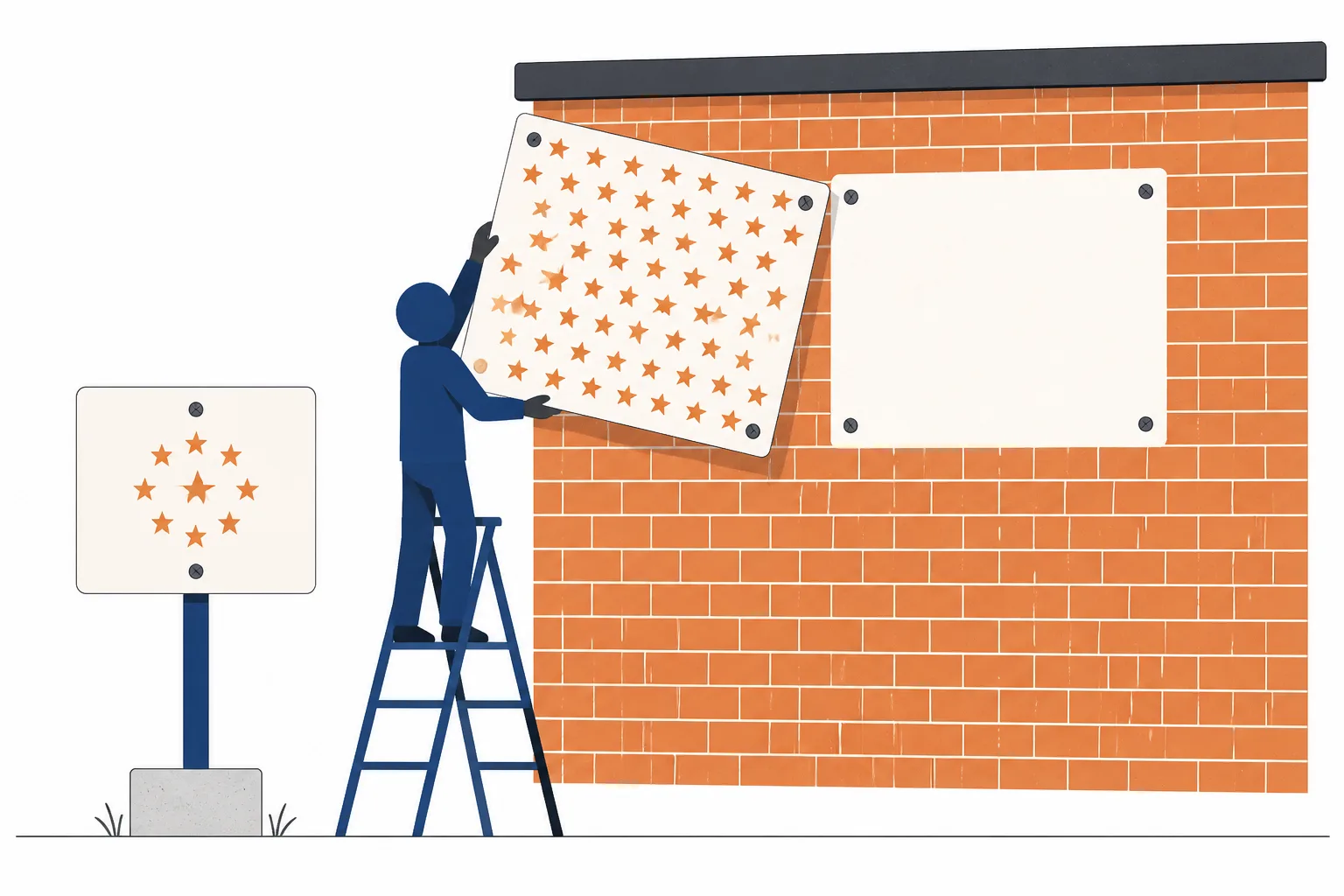 A star-covered panel lifted off a wall, while a smaller star-marked board stays bolted to its own post