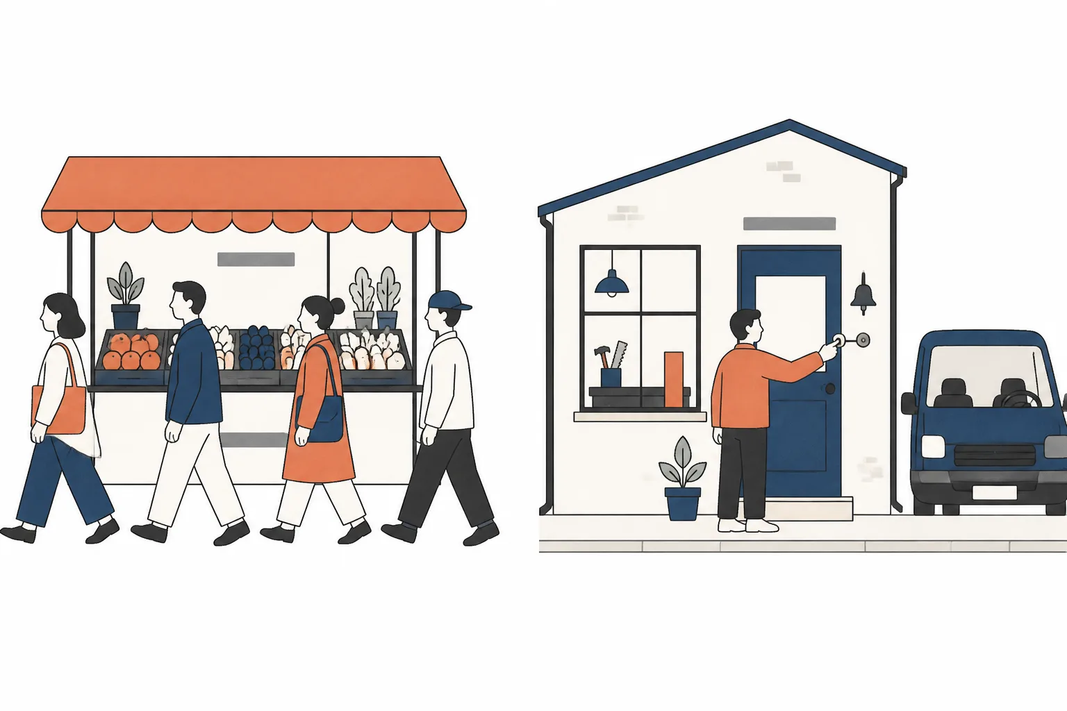 A queue of strangers filing past a market stall, and one caller waiting at a workshop door