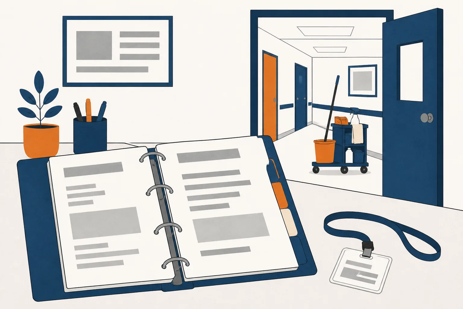 Open ring binder of paperwork with tabbed dividers on a desk, cleaning trolley waiting in the corridor