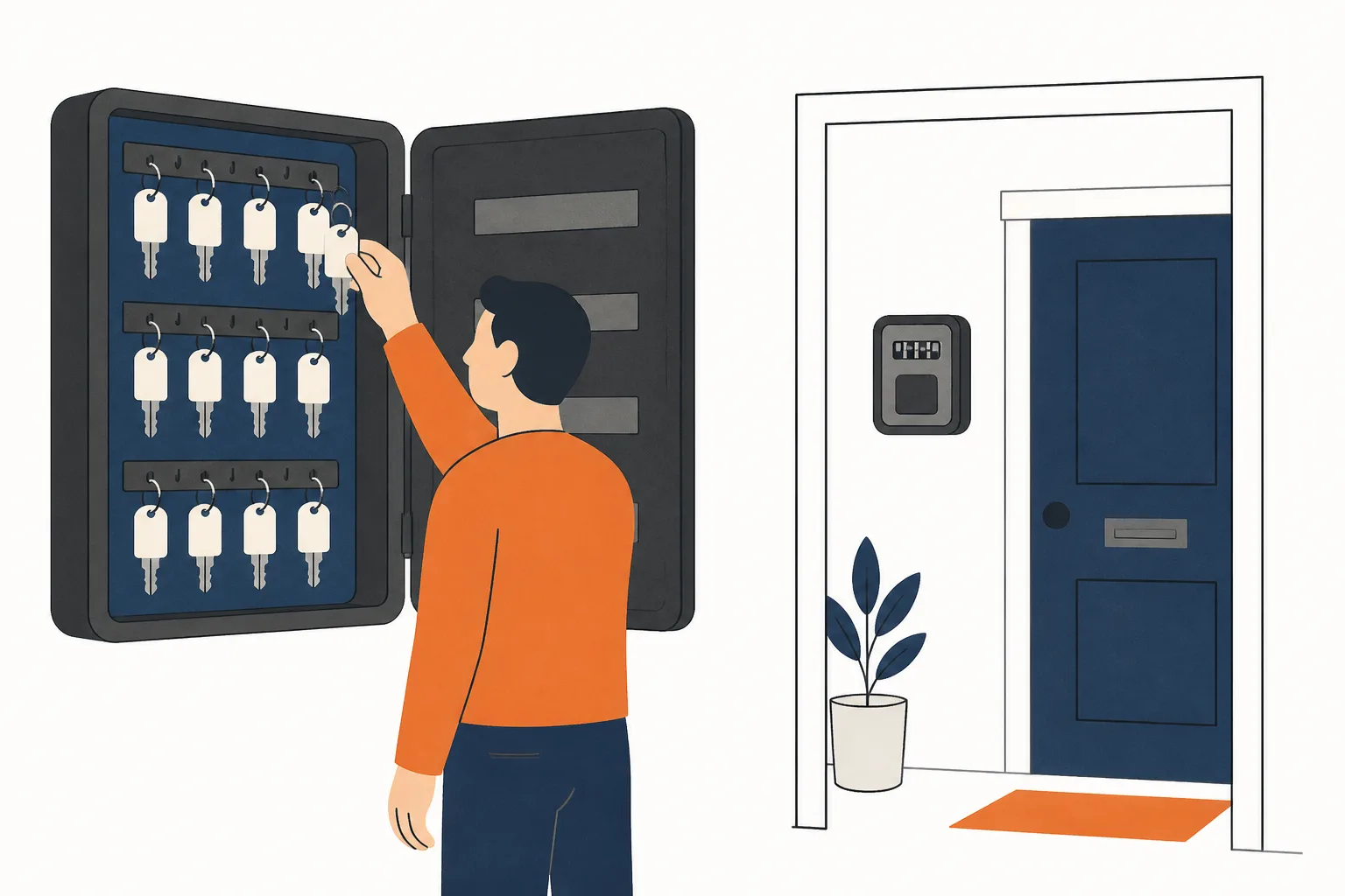 Open key cabinet with tagged keys on hooks, a hand hanging one up, key safe fitted by a front door