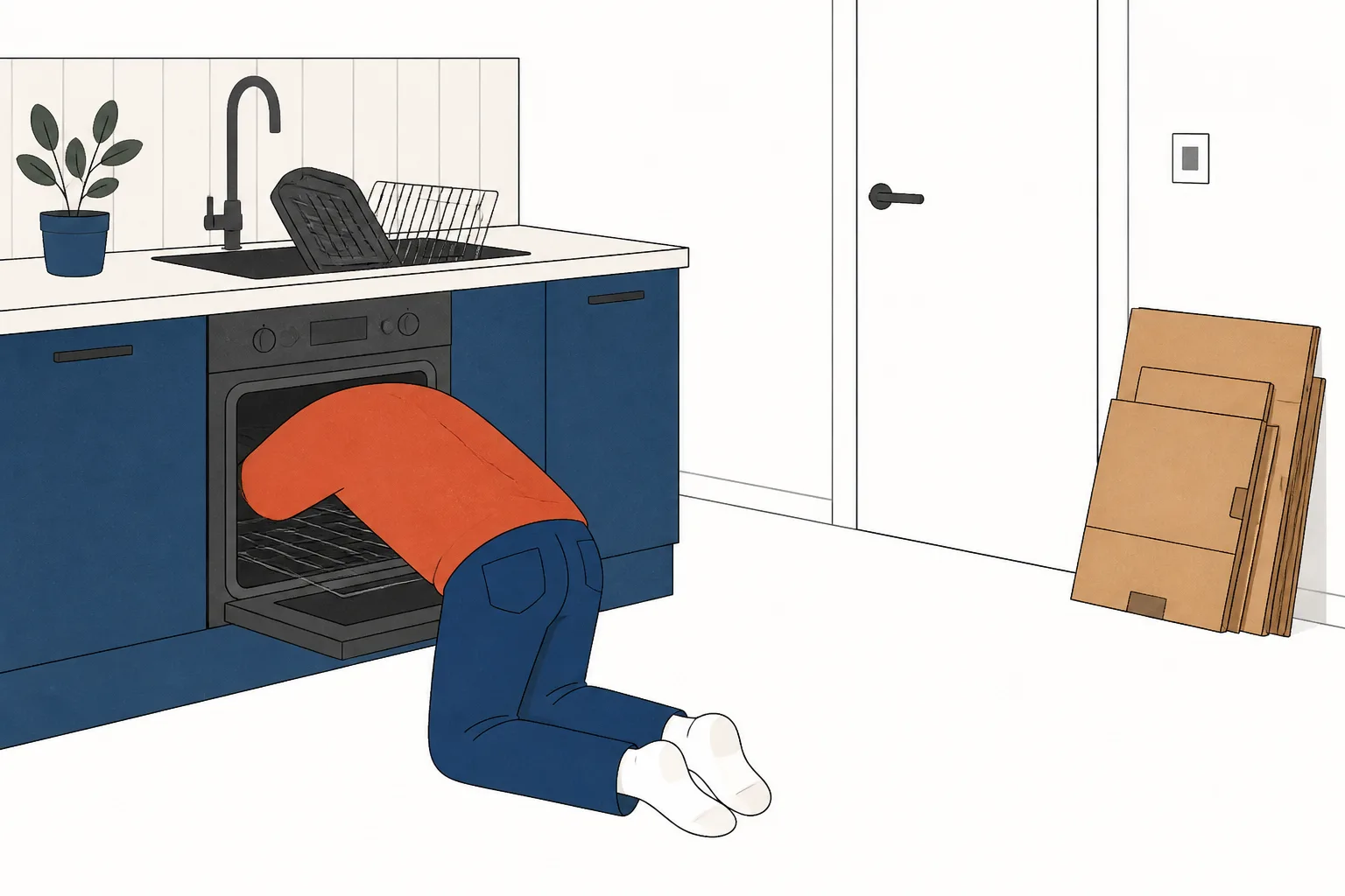 Cleaner kneeling at an open oven in an empty kitchen, racks and grill pan soaking in the sink
