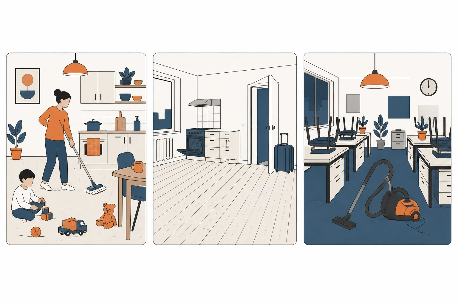 Three cleaning scenes side by side: a family kitchen, an empty flat with the oven open, an office after hours
