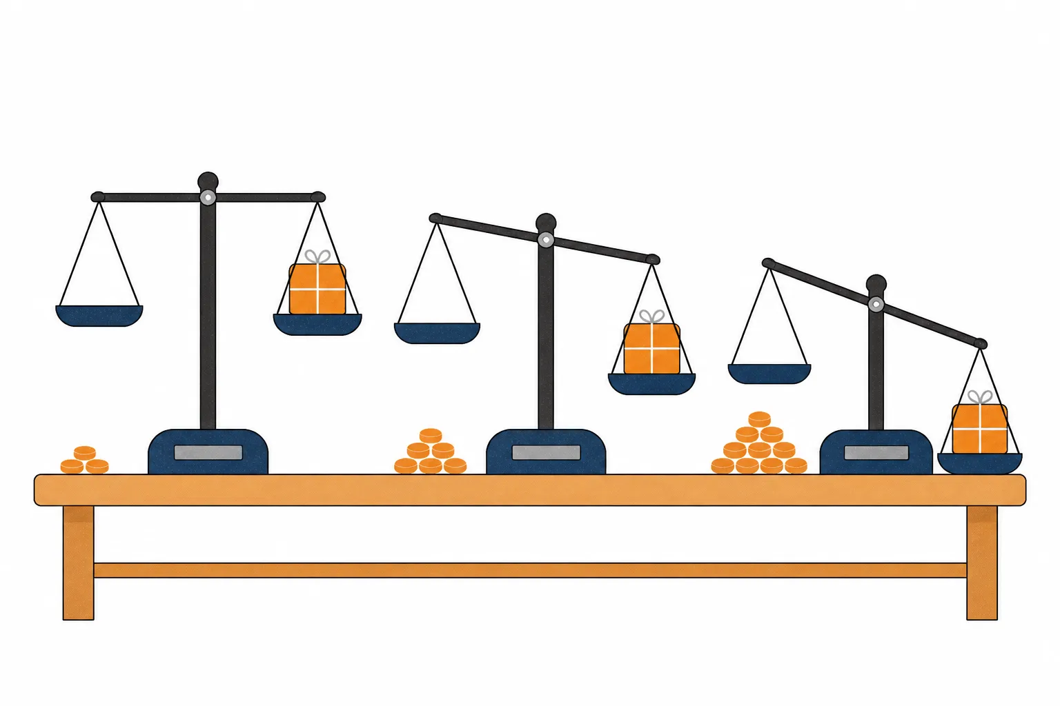 Three identical parcels on three balances, each pan dipping to a different depth, tokens heaped beside them