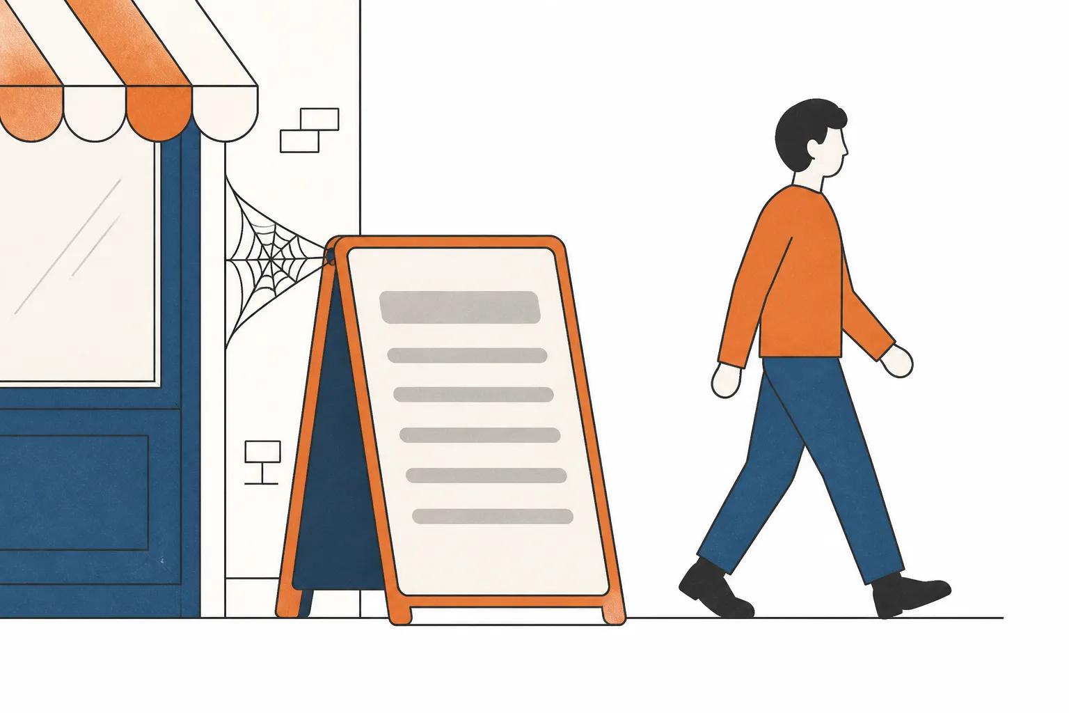 A faded A-frame pavement board with a cobweb at its hinge as a passer-by walks straight past