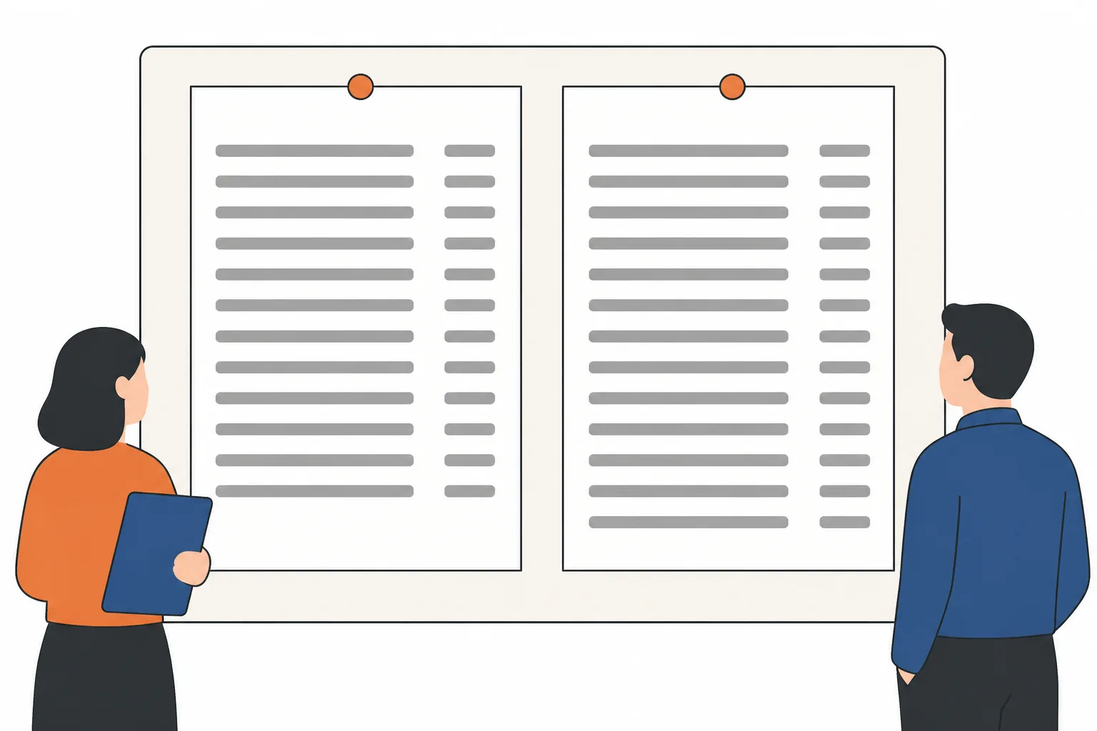 Two quote sheets pinned side by side, matching row for row apart from one extra line on the right