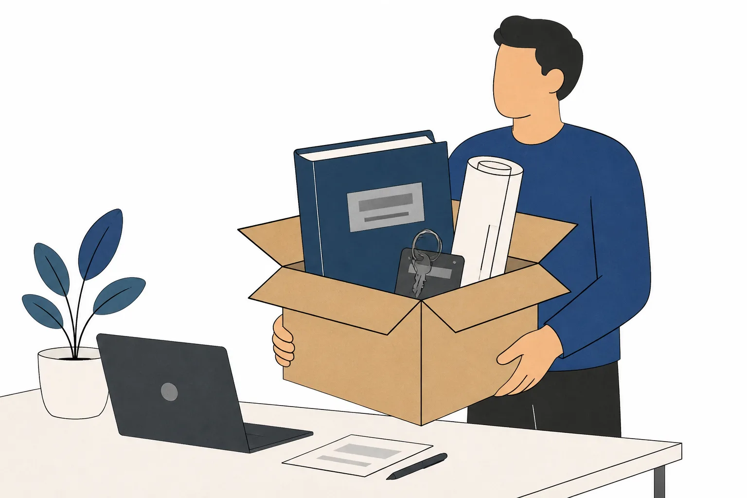 Someone lifting an open box holding a bound folder, a small drive and a door key from a desk