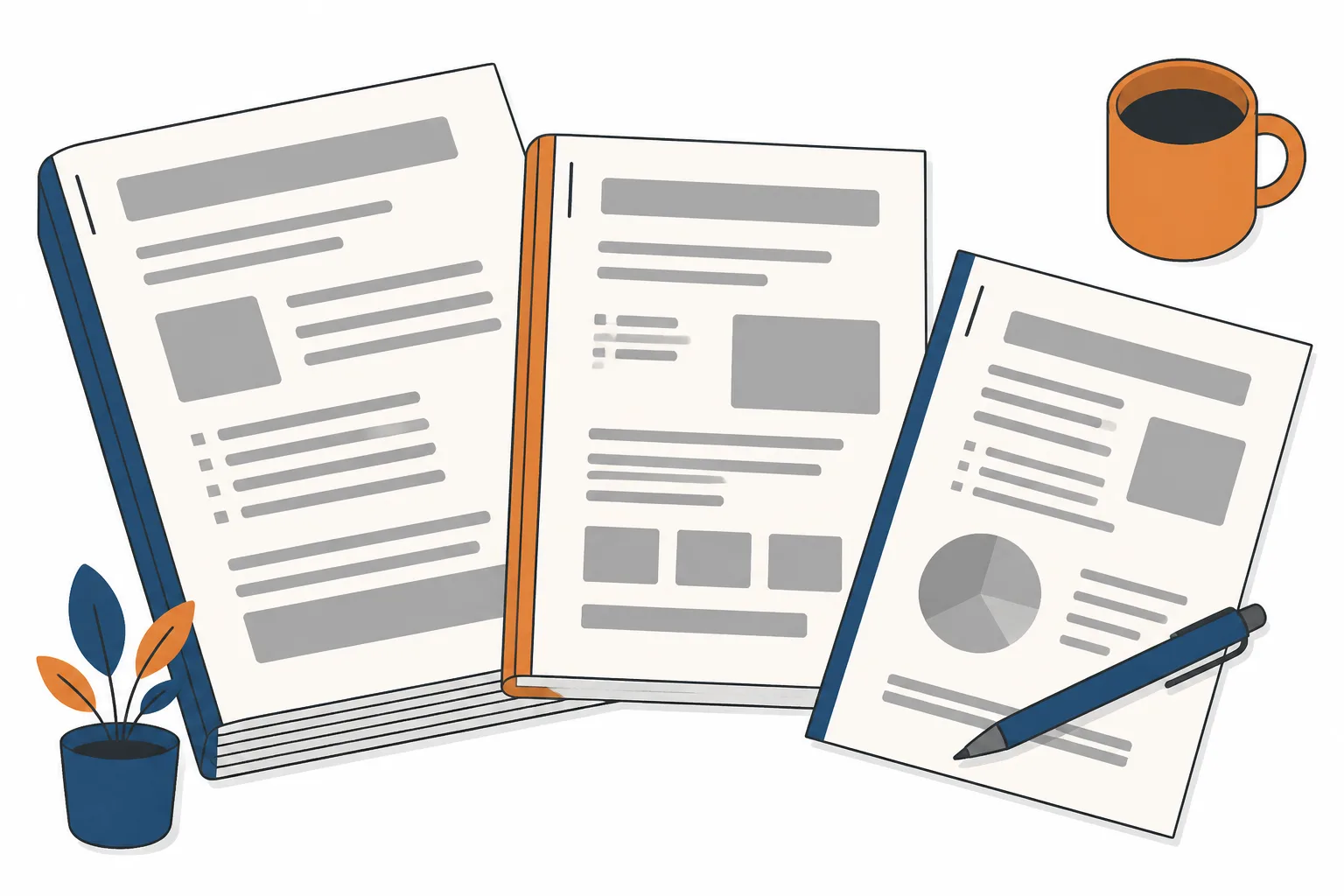 Three quote documents of very different thickness fanned across a desk beside a pen