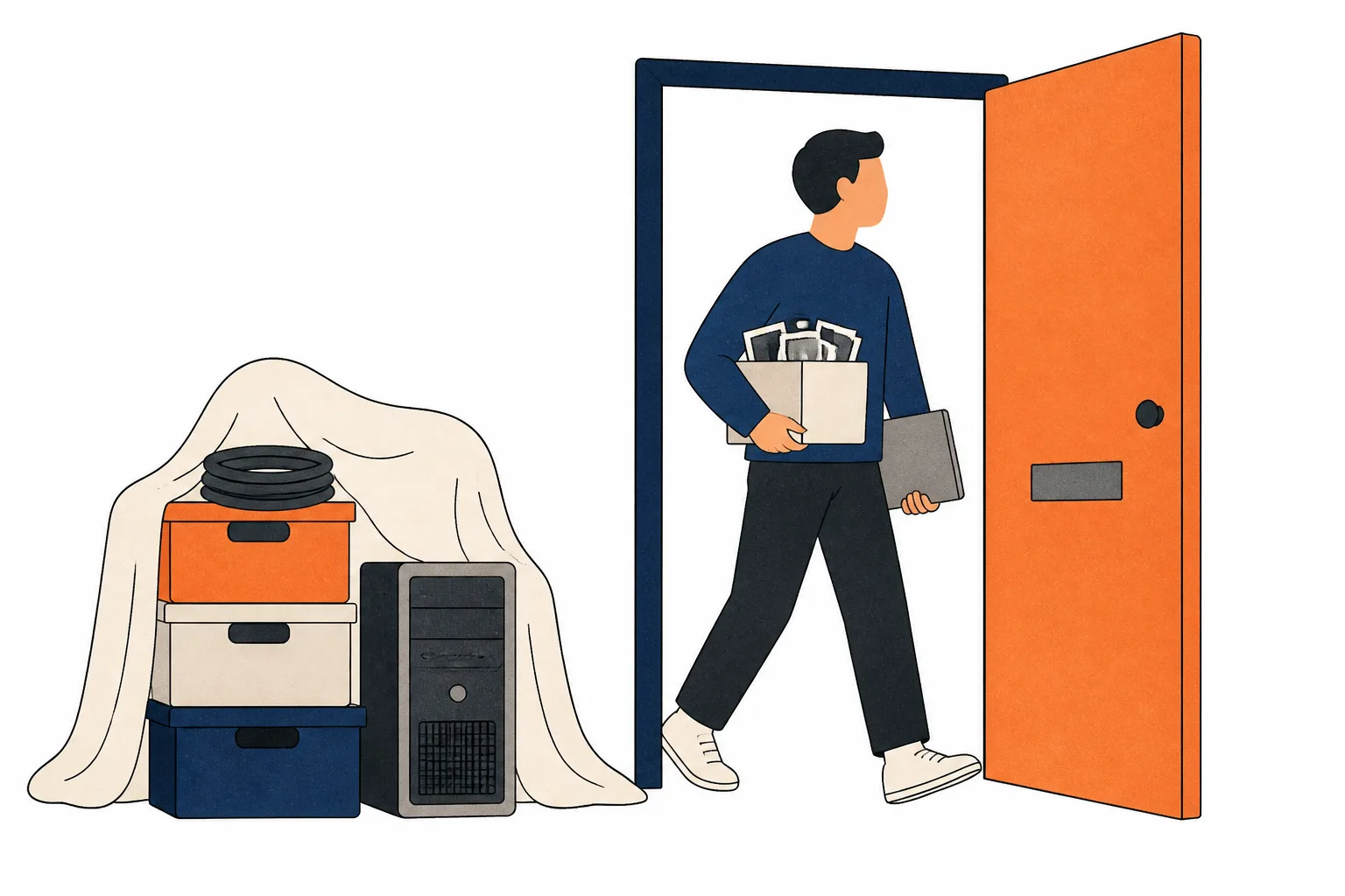 Person leaving a room with a box of photographs and a folder, stacked crates and cables left behind