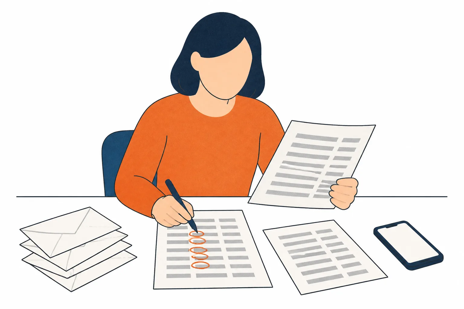 Person at a kitchen table marking repeated payment rows on printed statements beside a pile of unopened post