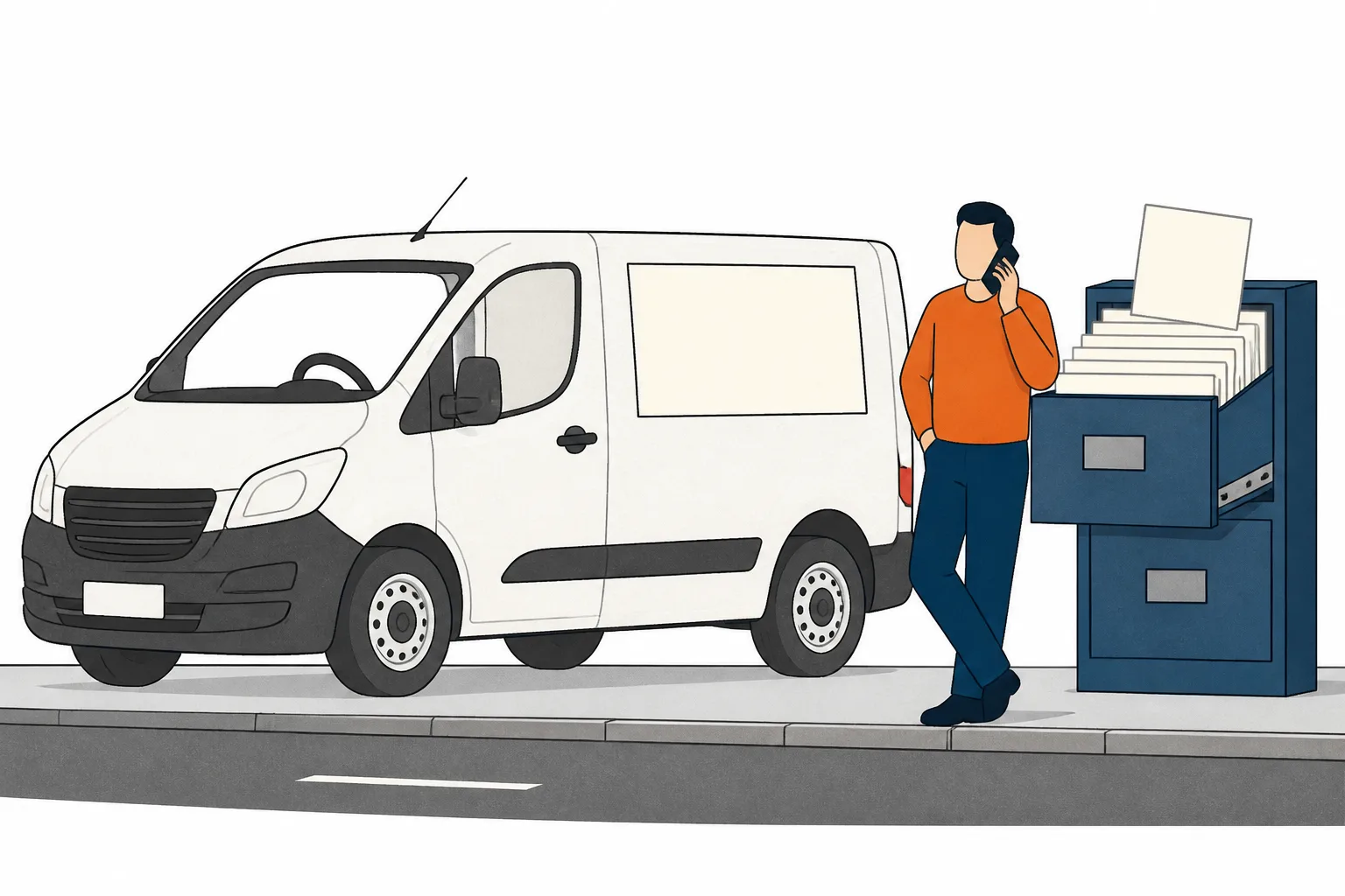 Works van with a blank sign panel, a figure on the phone, and one record card lifted from an open drawer