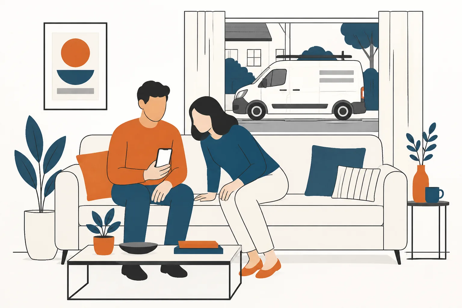 Two people on a sofa sharing one phone screen, with a work van visible through the window behind them