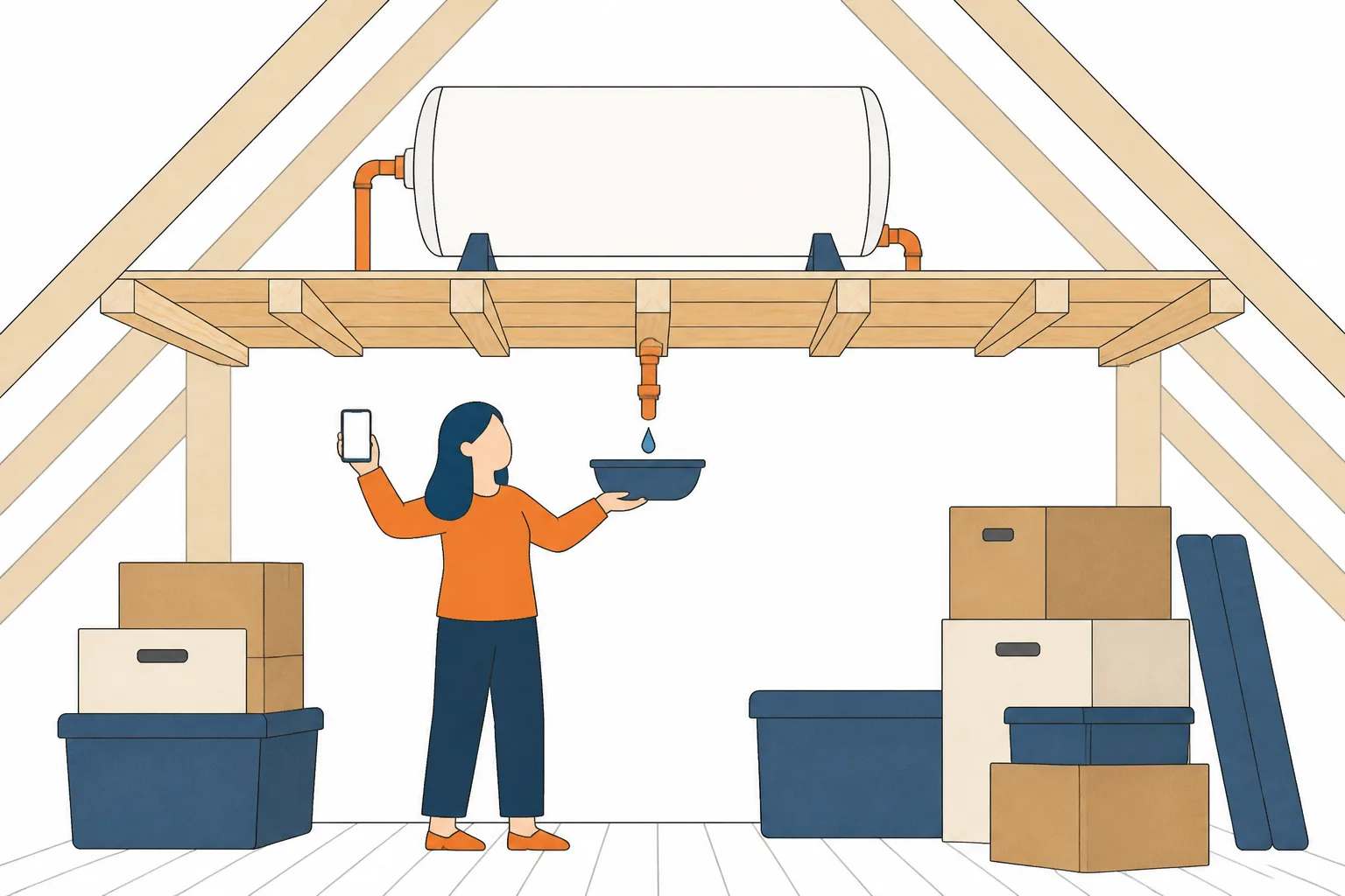 A person in a loft holding a bowl under a dripping cylinder while raising a phone in the other hand