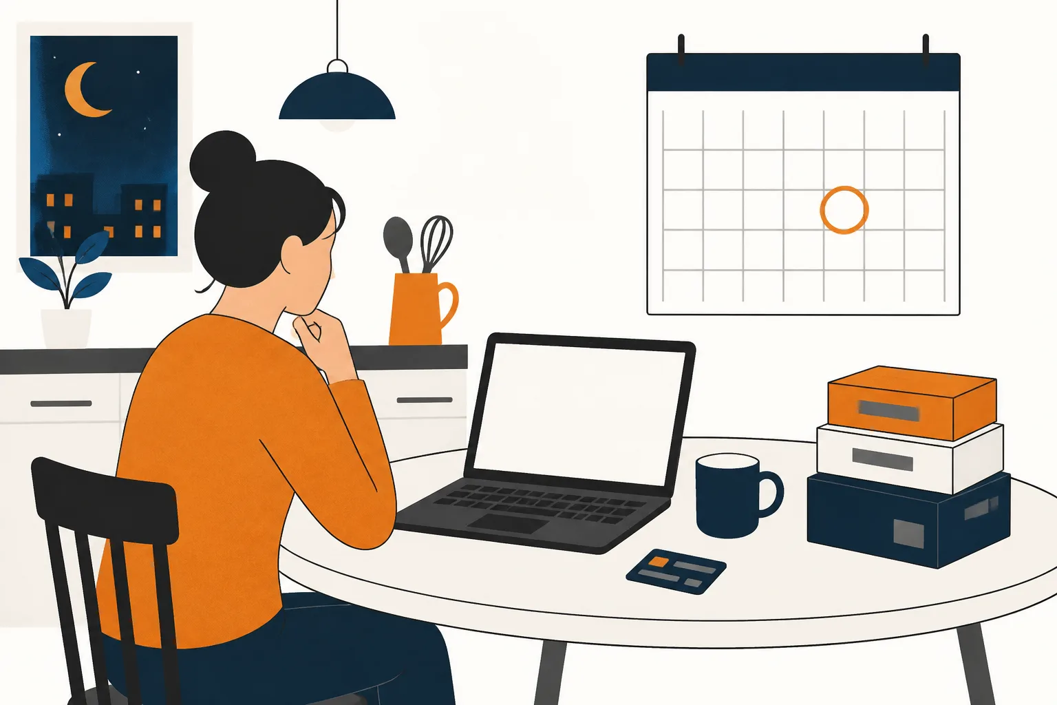 A kitchen table with a laptop, a bank card, add-on boxes pushed aside, and a ringed square on a wall calendar