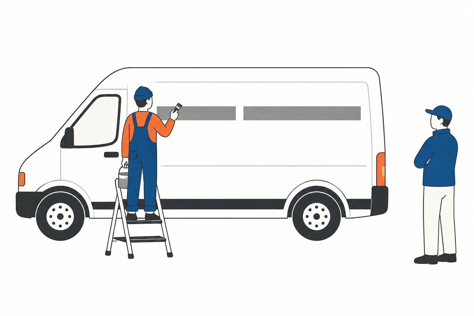 A signwriter painting a long blank strip along the side of a van, with a gap left in the middle