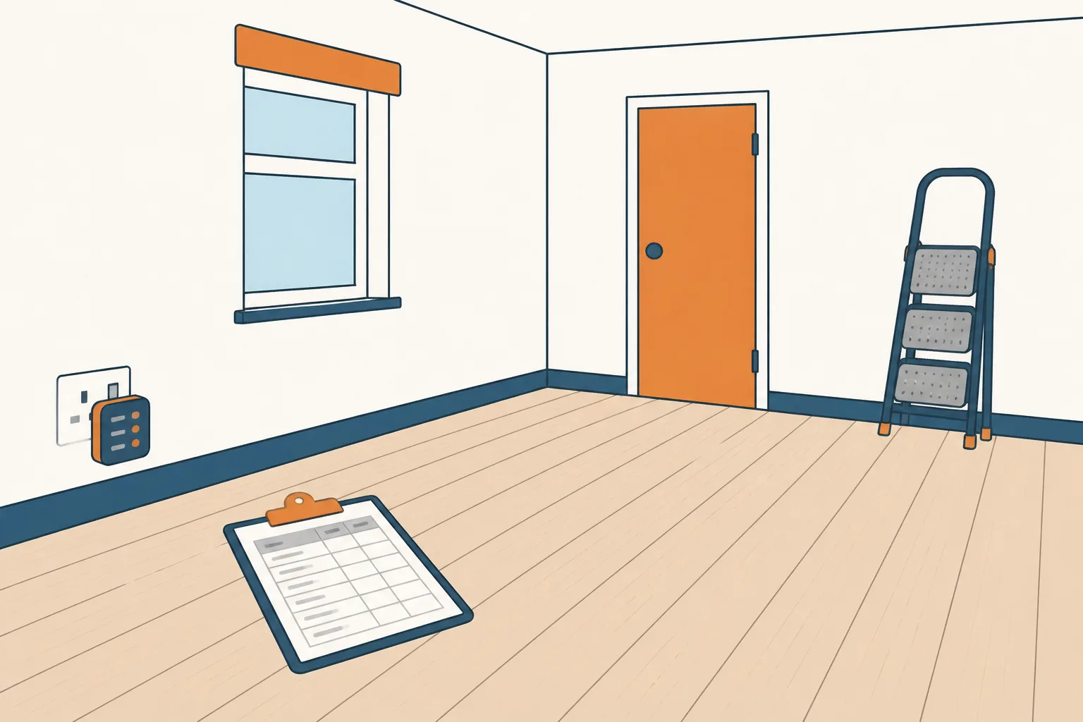 A tester plugged into a socket in an empty flat, clipboard of blank ruled rows on the floorboards