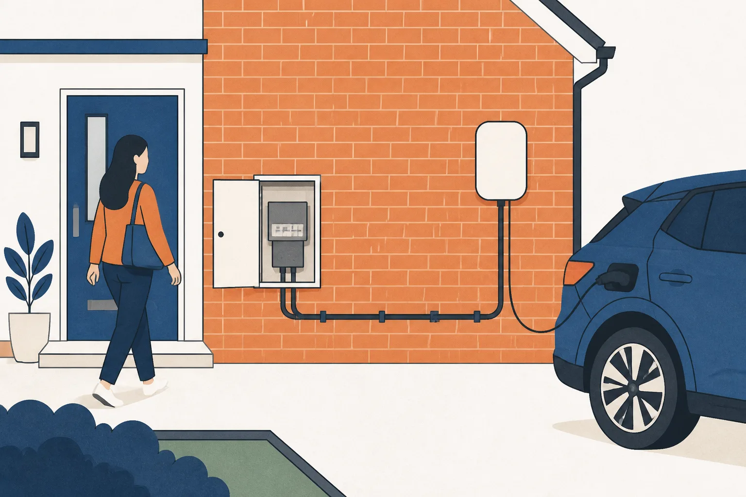 A wall-mounted charge point beside a driveway car, conduit running along brickwork to the meter cupboard