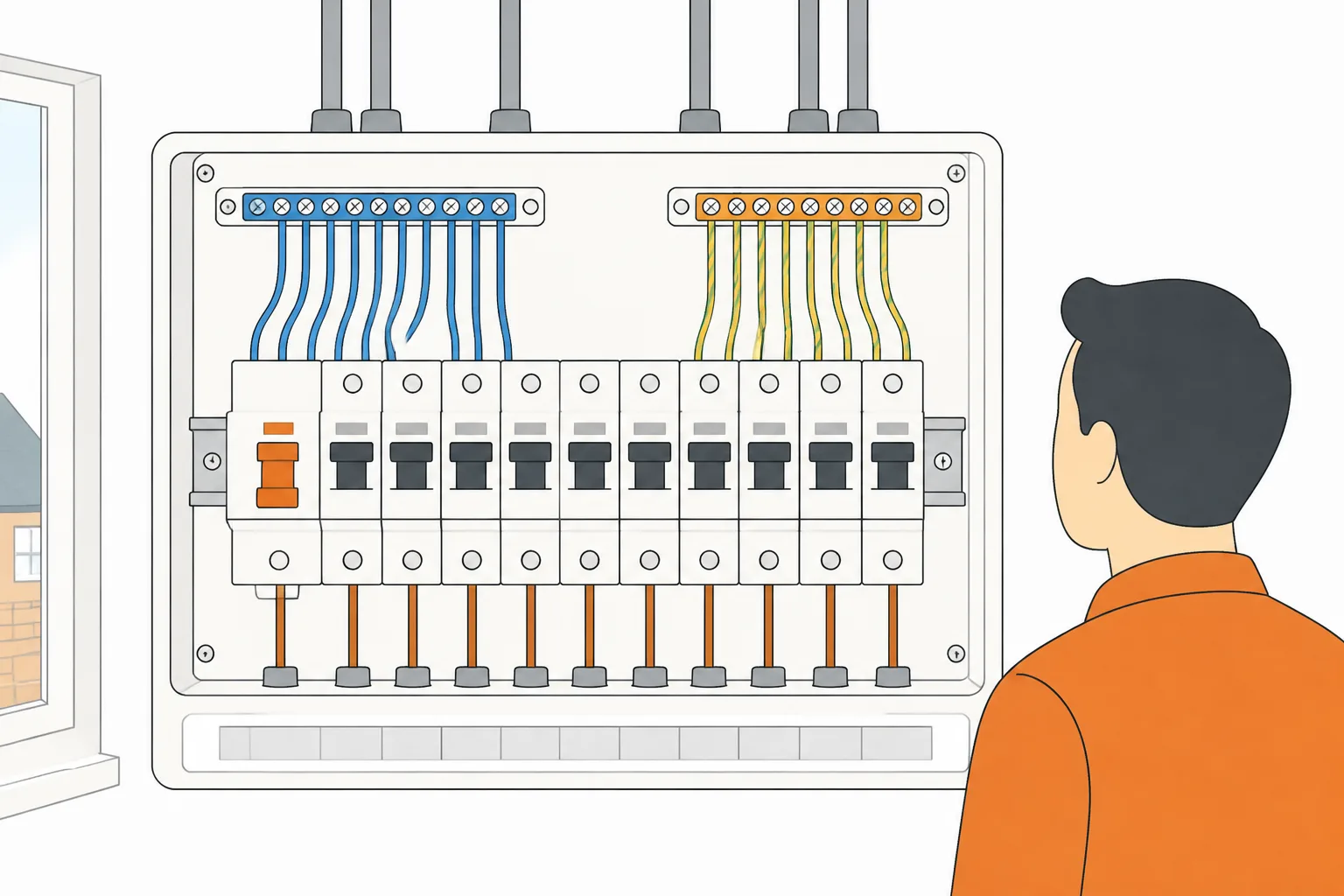 A consumer unit with the cover off, breakers in a row, cables dressed neatly, blank label strip along the front