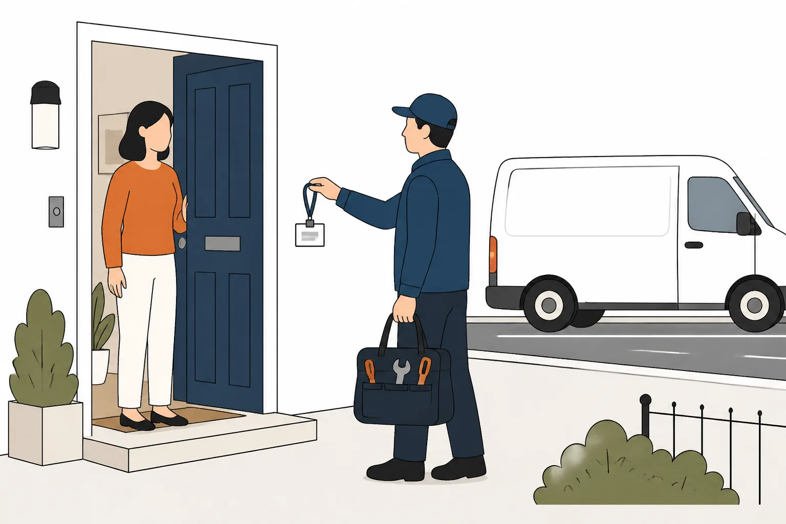 An electrician at a front door holding out a plain identity card, tool bag down, van waiting at the kerb