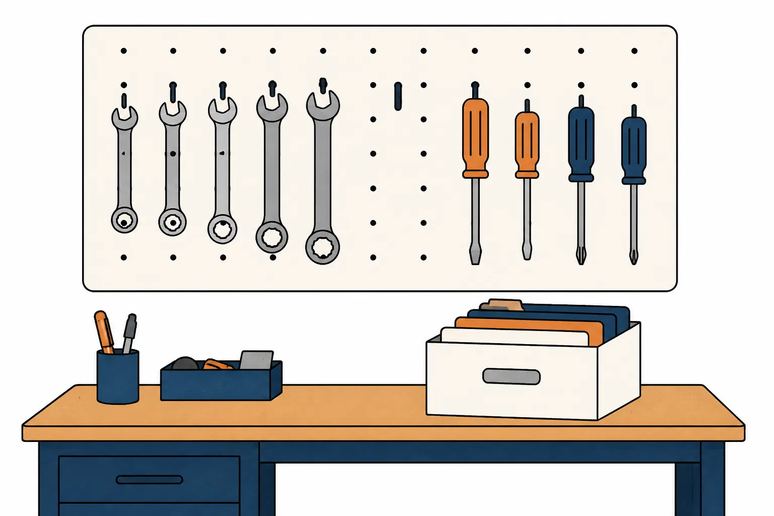 A pegboard of ordinary spanners and screwdrivers, one lifted down, a plain open box of folders below