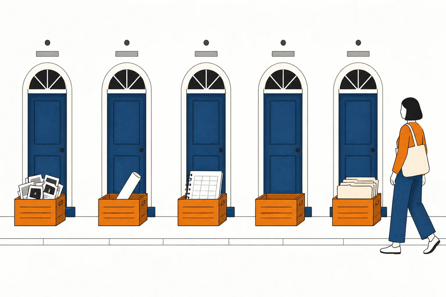 Crates outside a row of plain doorways, each holding different contents, one full of folders and one empty