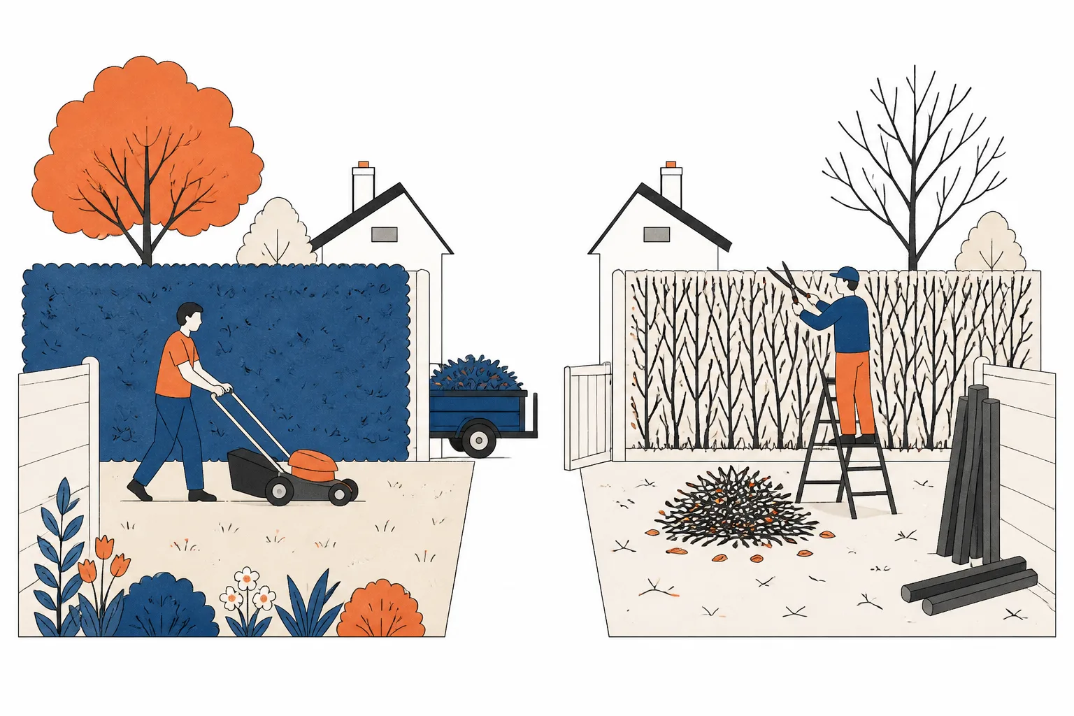 The same garden in summer with a mower and in winter with a ladder, leaf pile and fence posts