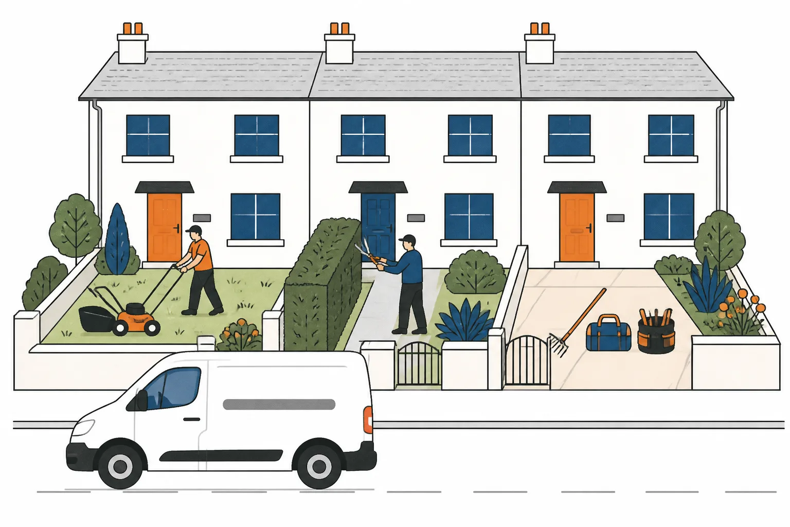 One van serving three neighbouring front gardens on the same street, mower, shears and tool bags out
