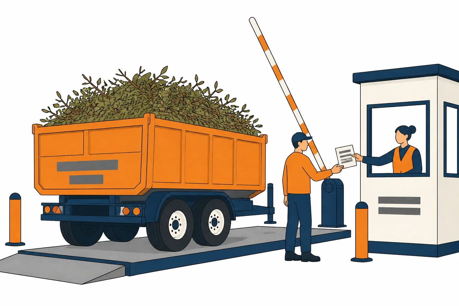 Trailer of hedge cuttings on a weighbridge at a transfer station, a docket handed over at the booth