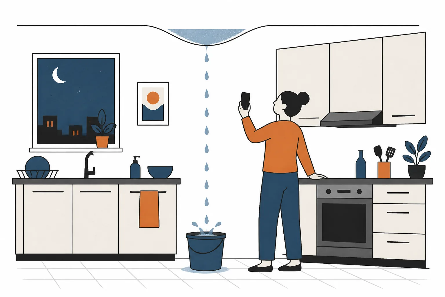 A person standing in a kitchen at night holding a phone while water drips from the ceiling into a bucket