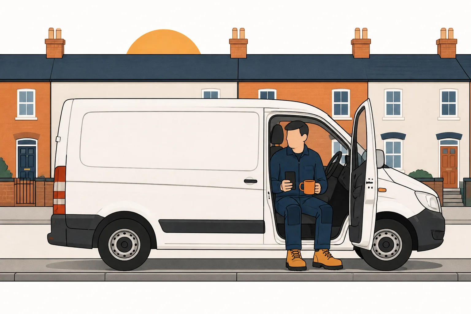 A tradesperson sitting in an open van doorway with a mug and a phone, low sun behind the rooftops