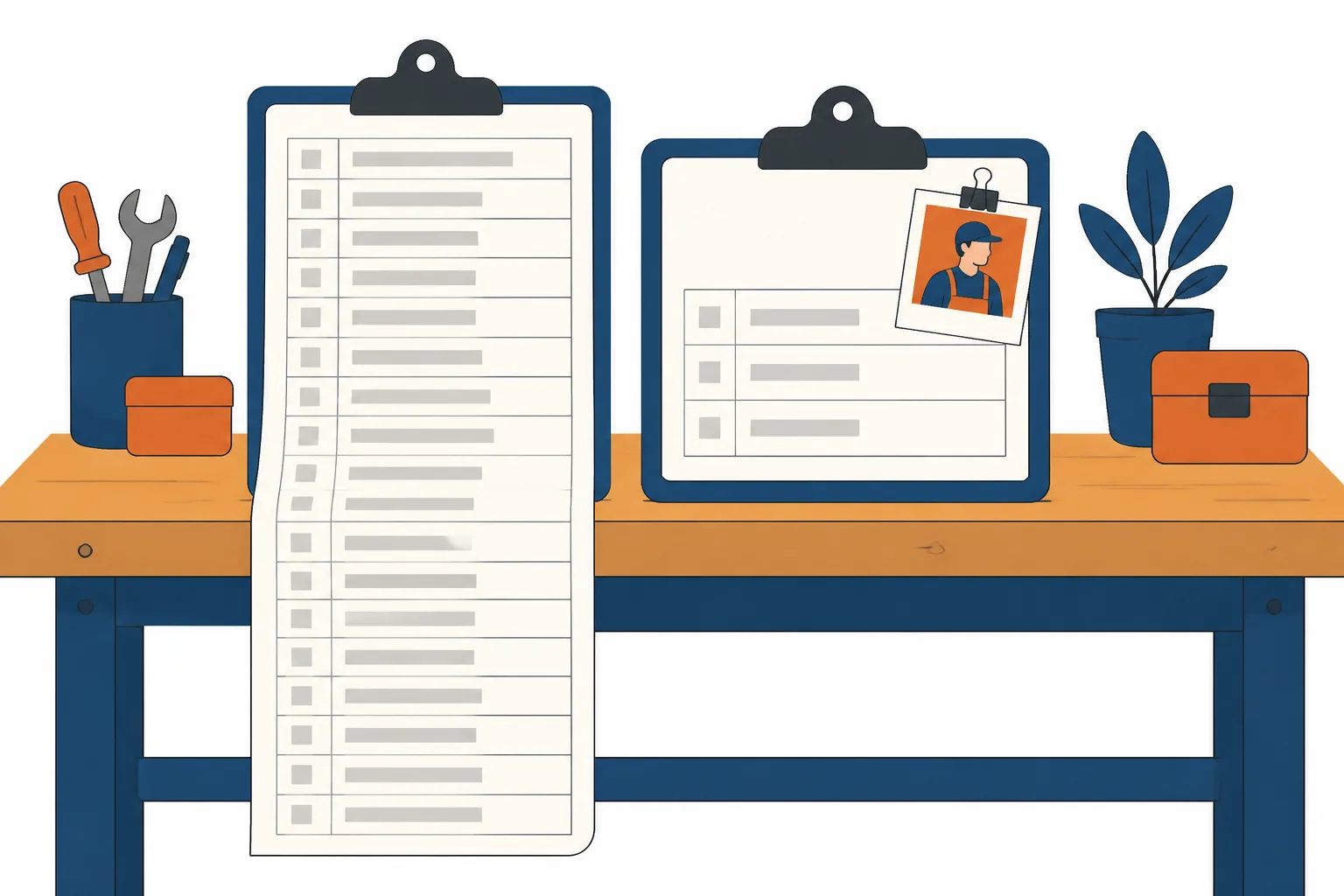 Two clipboards side by side, one carrying a long sheet of blank rows, the other three rows and a photo