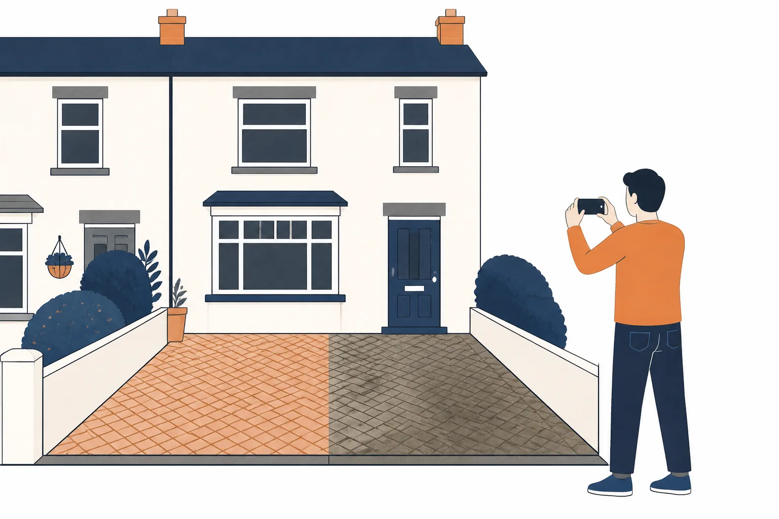 A half jet-washed driveway outside a terraced house, with someone holding a phone up to photograph the finished half