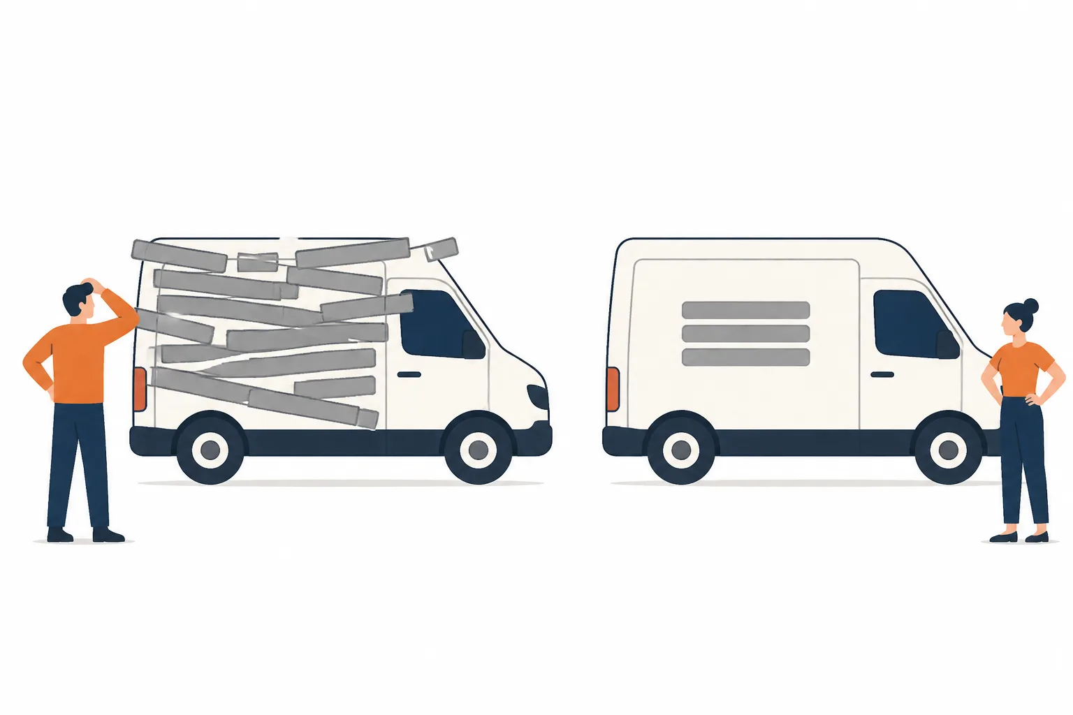 Two vans side by side, one panel crammed with overlapping grey bars, the other carrying three neat bars