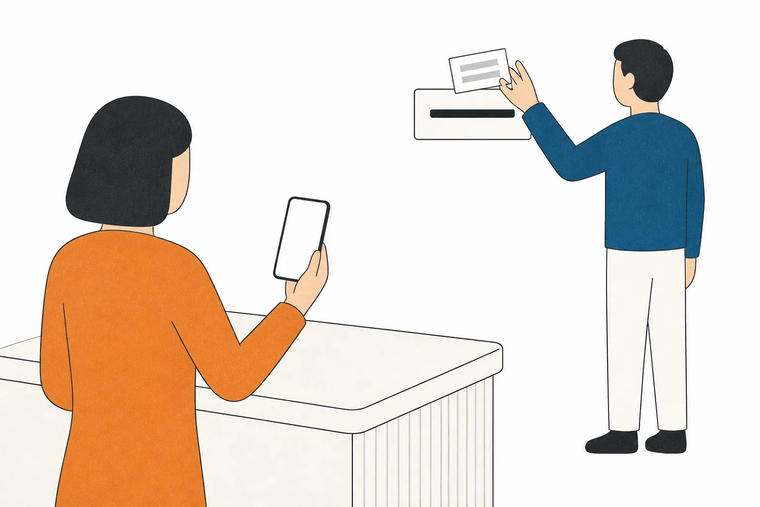 One figure sending from a phone while another lifts a card from a letterbox across the counter
