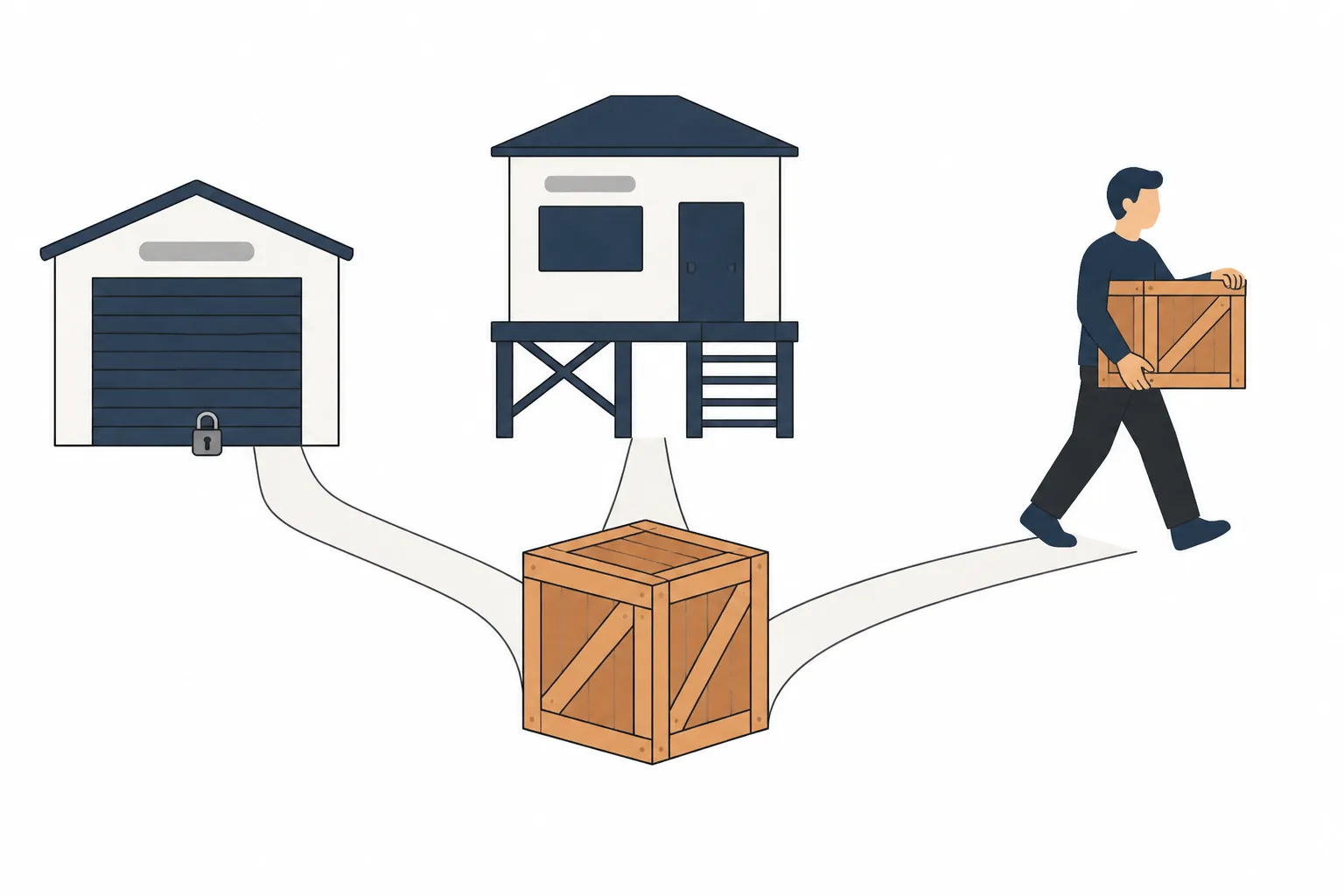 A crate with three tracks leading off to a padlocked shed, a raised building, and a figure carrying it away