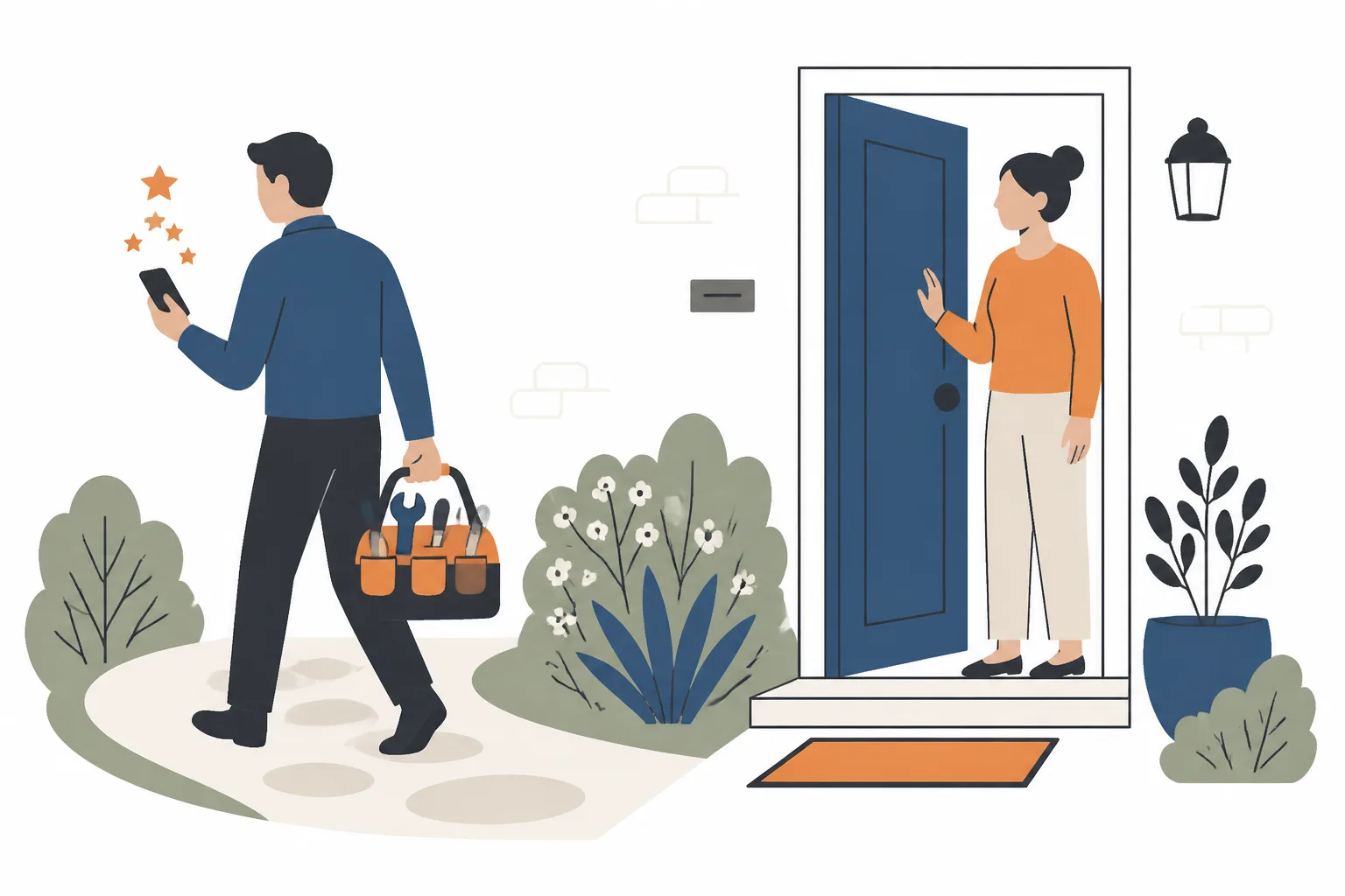 A tradesperson leaving a doorstep with a phone in hand, householder in the doorway, stars rising from the phone
