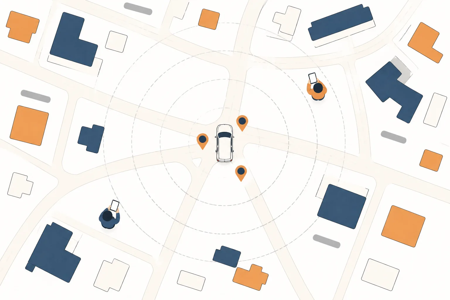 A map from above with a van at its centre, pins nearby, rings spreading out and two distant figures holding phones