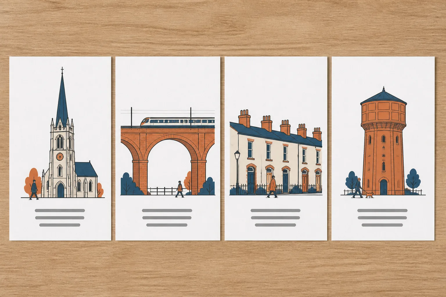 Four sheets of paper in a row, each showing a different local landmark above a few short grey bars