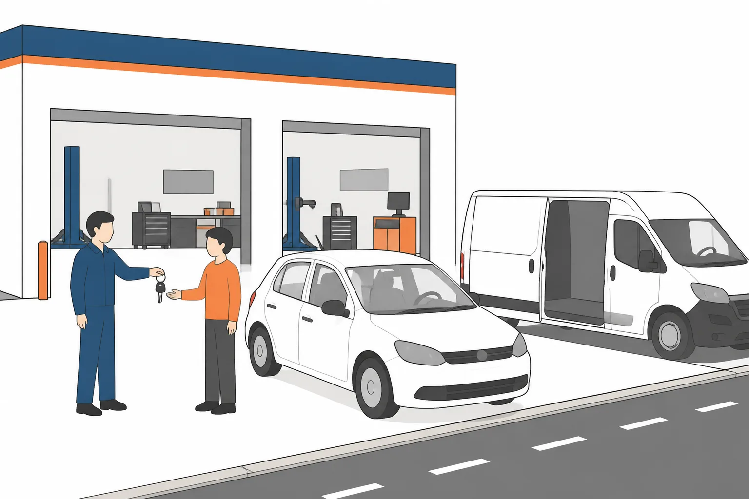 Keys handed over beside a small courtesy car on a garage forecourt, van waiting at the kerb