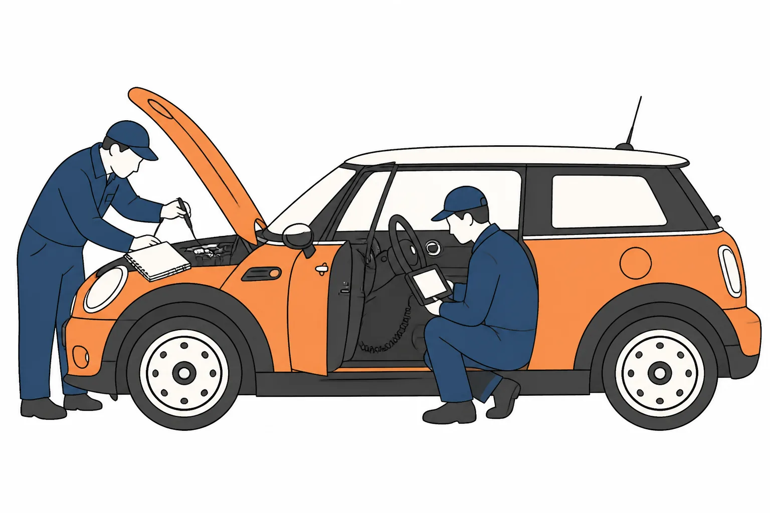 Technician plugging a handheld reader in under the dashboard while another traces wiring under the open bonnet