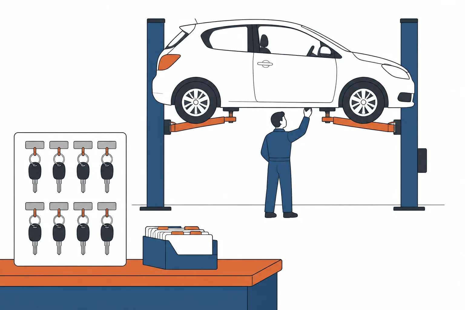 Car raised on a two-post ramp with a technician beneath it, keys on a hook board by the counter
