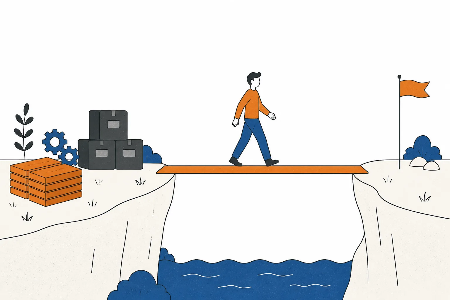 A narrow plank bridge fully crossing a gap with a figure walking over, spare planks and parts stacked unused nearby