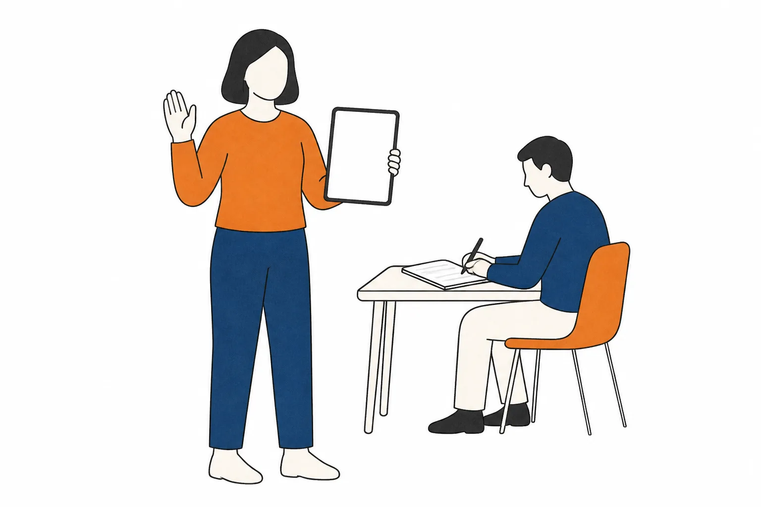 One figure hesitates while using a plain device, another sits behind noting the pause in a blank notebook