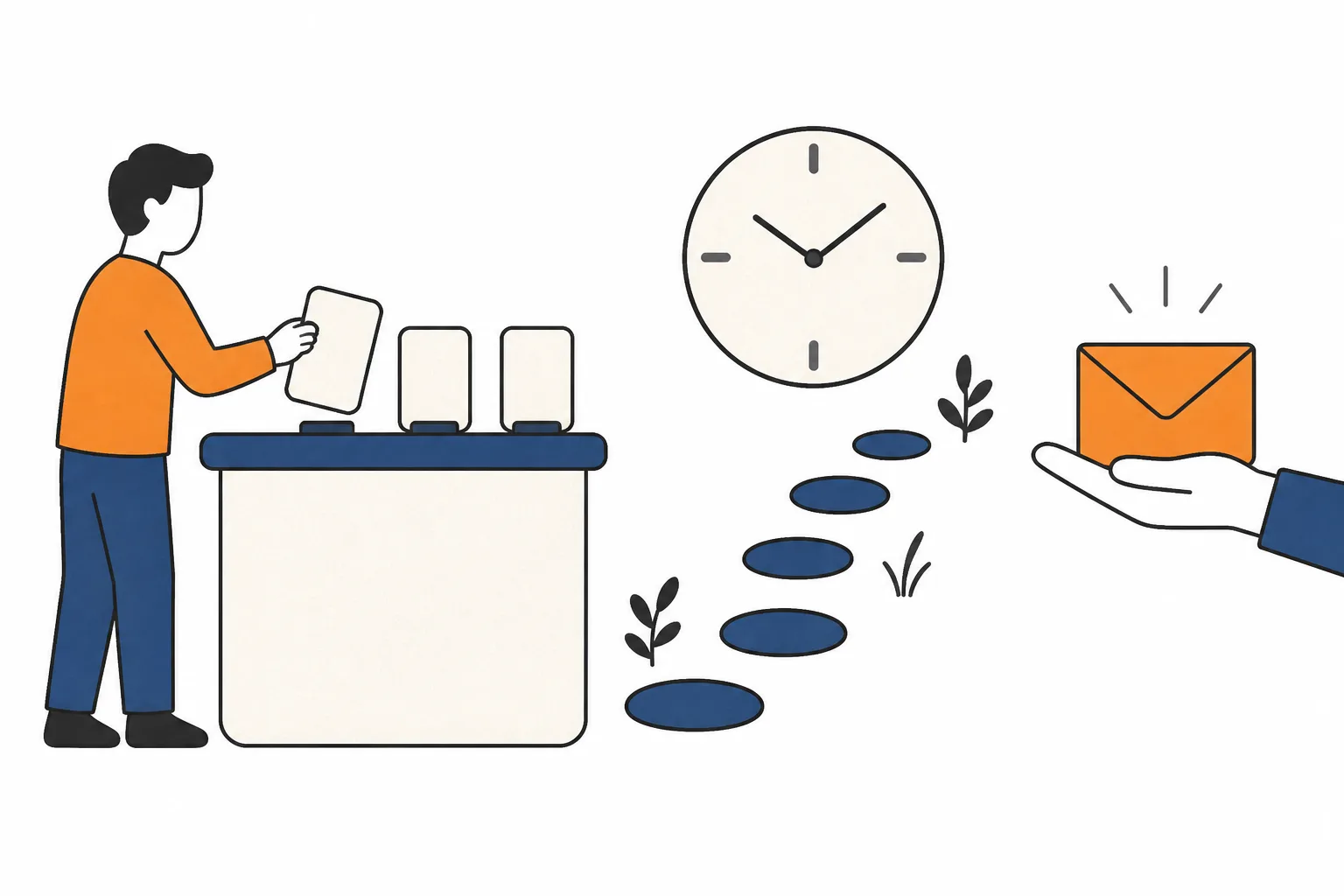 A figure picks one of three blank cards, follows stepping stones past a blank clock and receives an envelope
