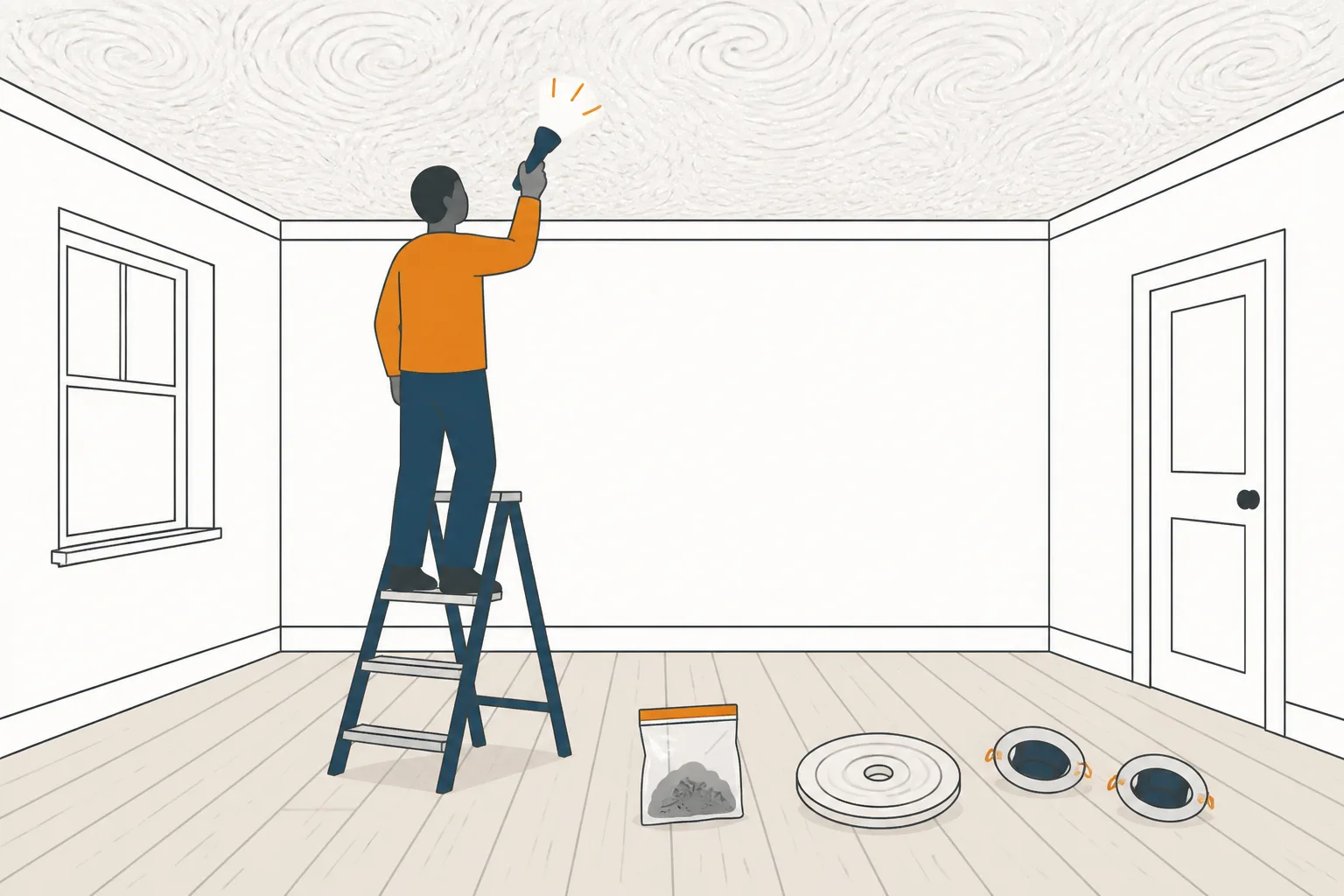 Figure on a step ladder shining a torch at a swirled textured ceiling, sample bag on the floor