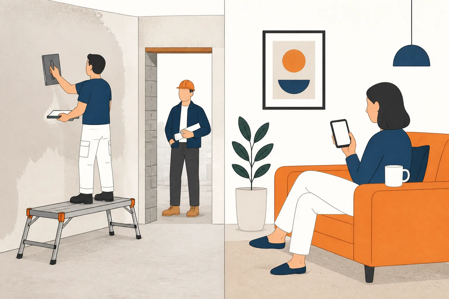 Split scene: plasterer skimming a wall as a builder watches, homeowner on a sofa holding a phone